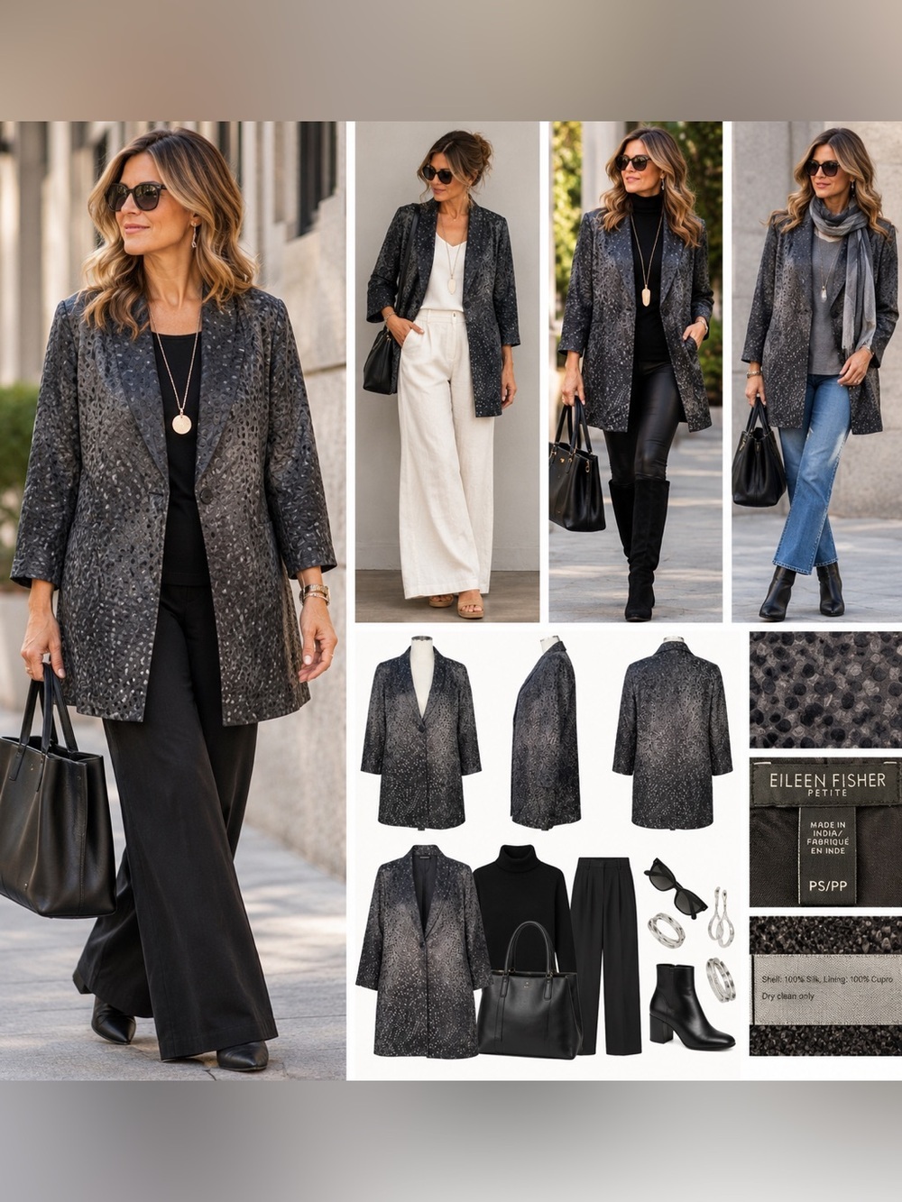 Eileen Fisher Petite 100% Silk Textured Long Blazer Jacket PS